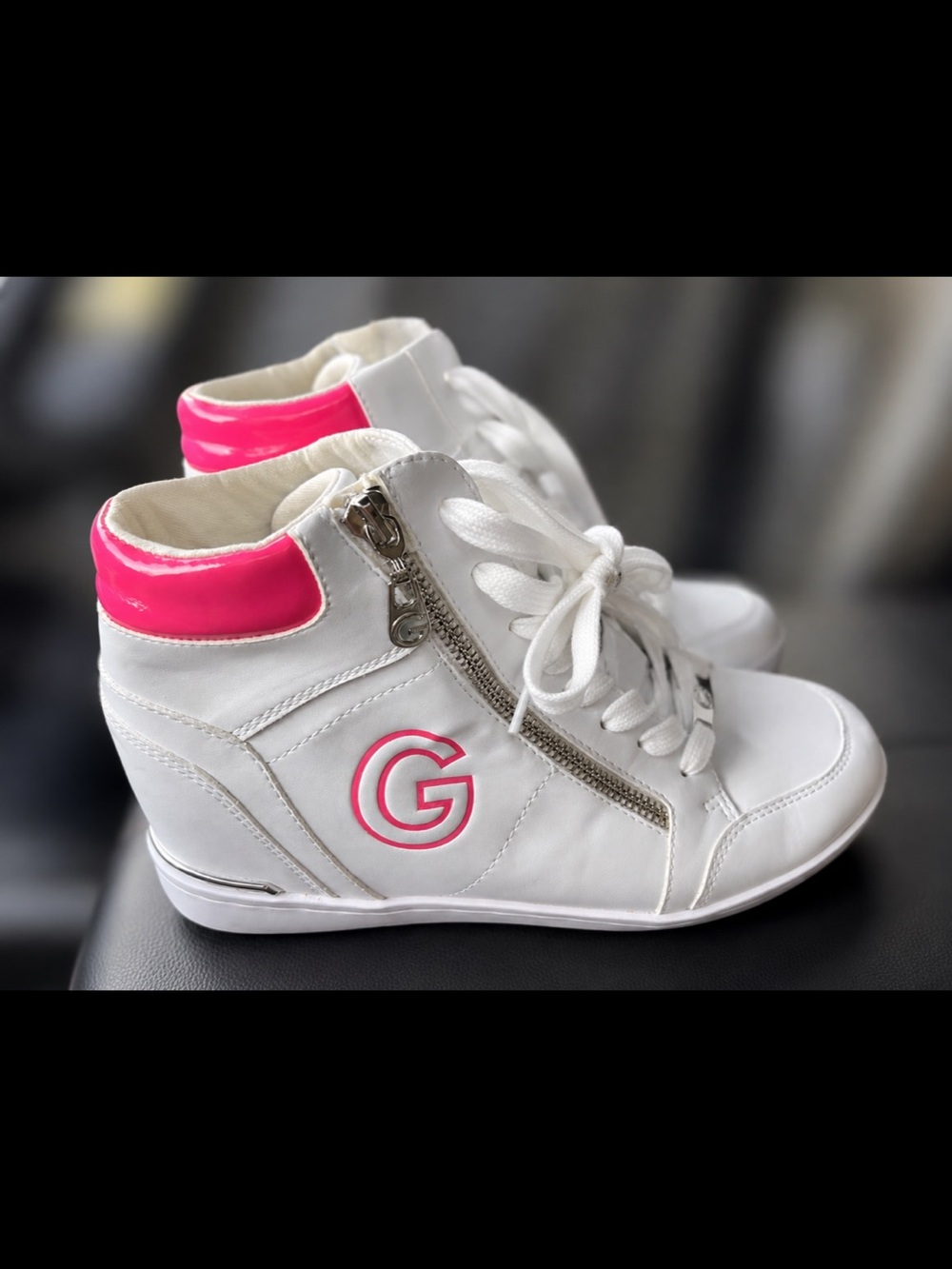 G by Guess White Wedge Sneakers with Hot Pink Accent